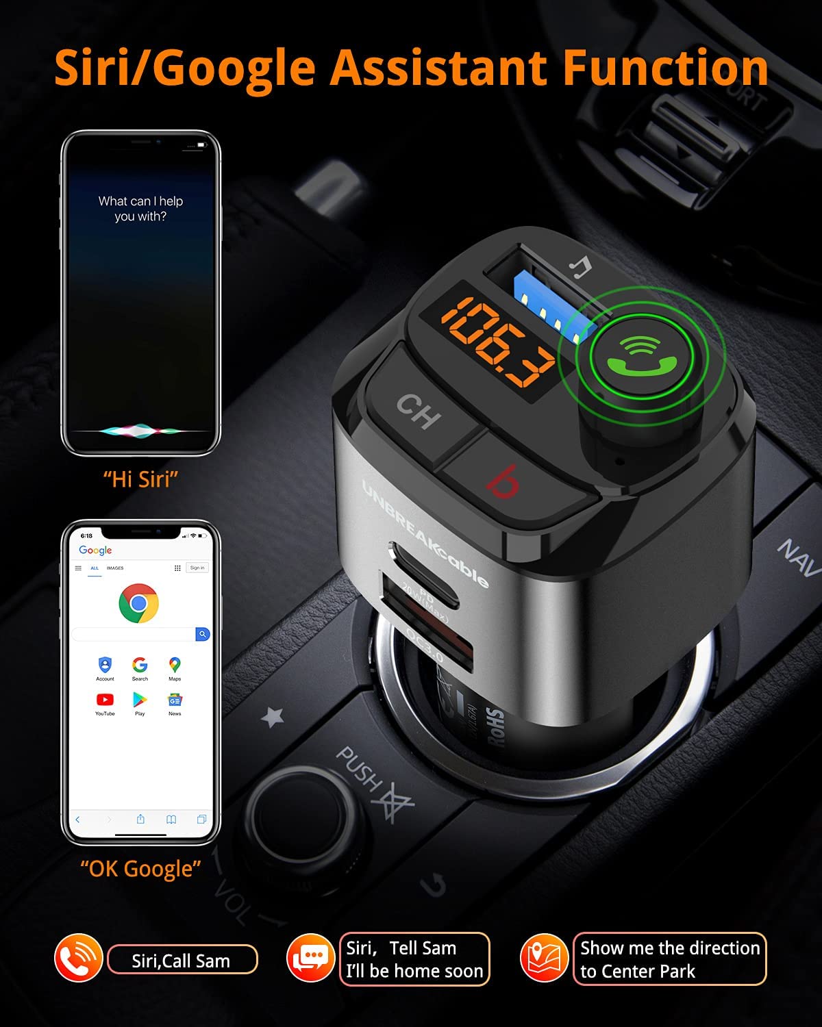 UNBREAKcable Bluetooth FM Transmitter, Wireless Bluetooth 5.0 Car Radio Adapter, Hands-Free Calling Car Charger with 3 USB Ports Model: UBCH174