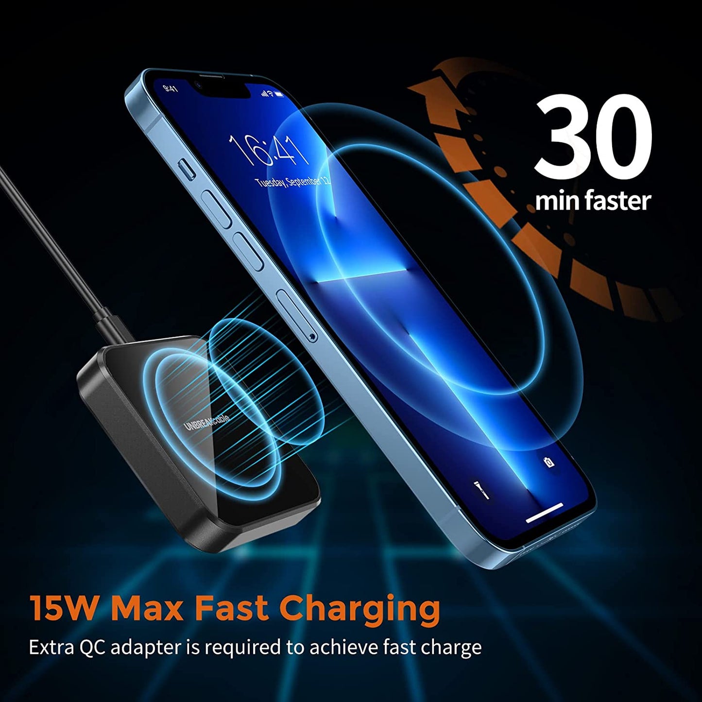 UNBREAKcable Magnetic Wireless Charger, Qi-Certified 15W USB-C Charger, Fast Wireless Charging Pad Compatible with iPhone