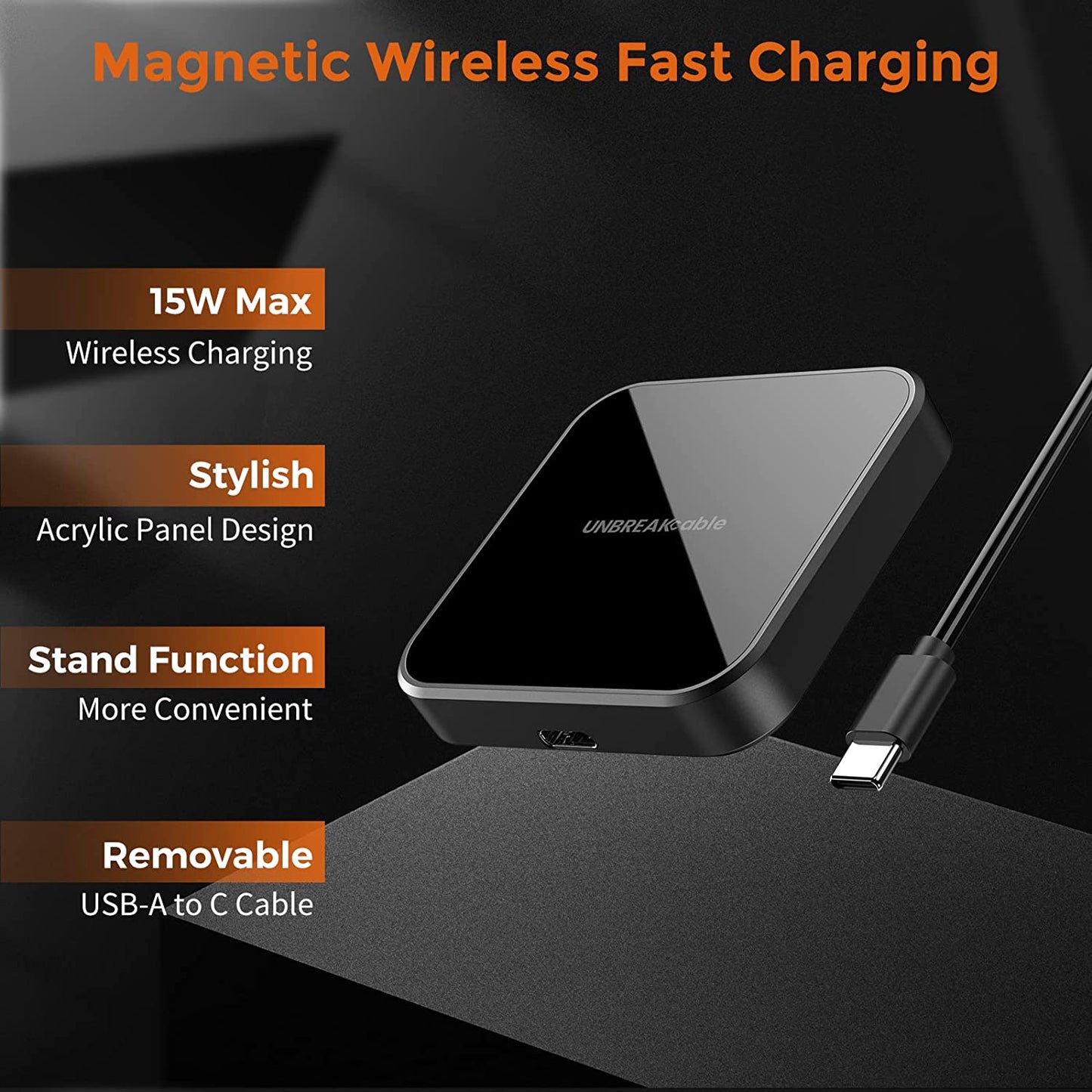 UNBREAKcable Magnetic Wireless Charger, Qi-Certified 15W USB-C Charger, Fast Wireless Charging Pad Compatible with iPhone