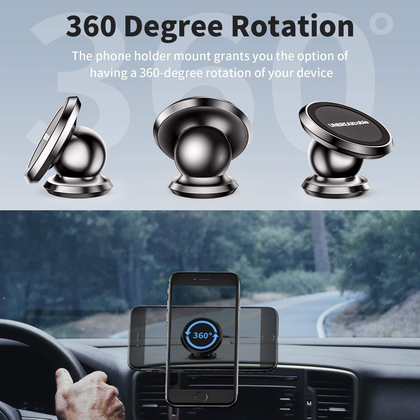 UNBREAKcable Magnetic Phone Car Mount, Universal 360° Rotation Dashboard Phone Holder for iPhone SE 2020/11/11 Pro/X/XS/XS Max/XR/8/7, Samsung S20/S10/S9, Huawei P40 Pro/P40/P30, HTC GPS and More