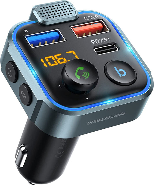 UNBREAKcable Bluetooth FM Transmitter for Car, 38W Fast Charging 2 Ports [QC3.0 18W+ PD 20W] Wireless Bluetooth 5.0 FM Radio Adapter, Hands-free Calls Model: UBCH261