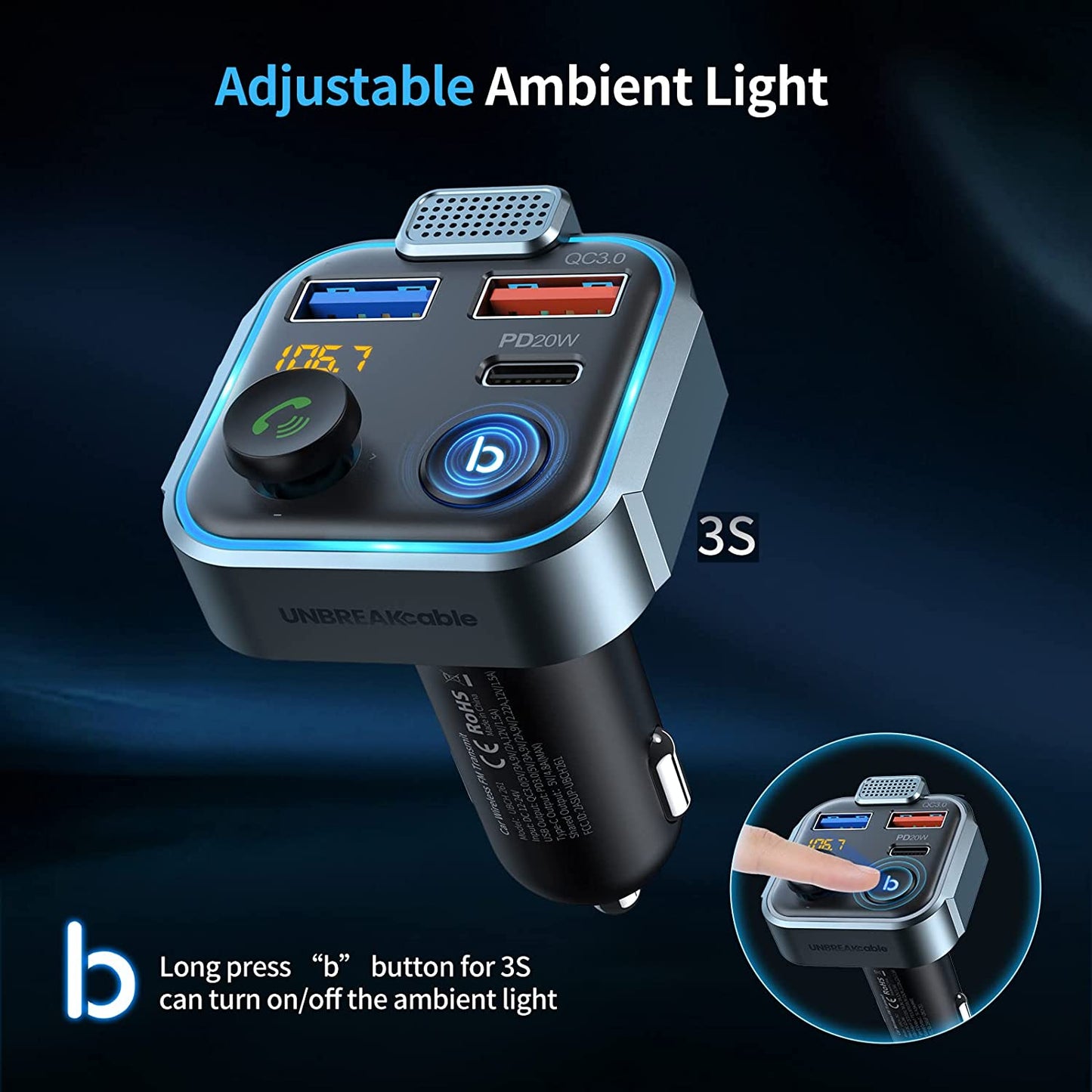 UNBREAKcable Transmisor FM Bluetooth para automóvil, PD de 38 W de carga  rápida, adaptador de radio FM Bluetooth inalámbrico, kit de coche con