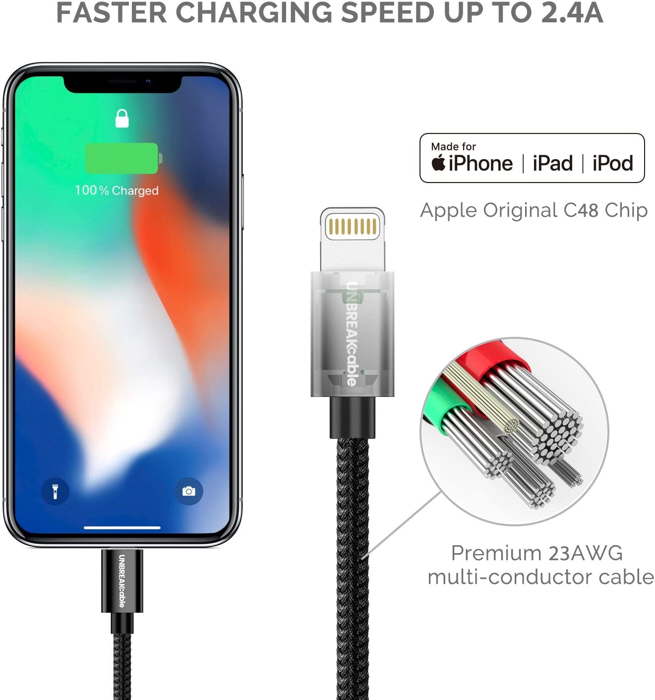 UNBREAKcable Apple iPhone Charger Cable - [Apple MFi Certified] - 6.6ft/2m Double-braided Nylon Lightning Cable Fast Charging Cable for iPhone