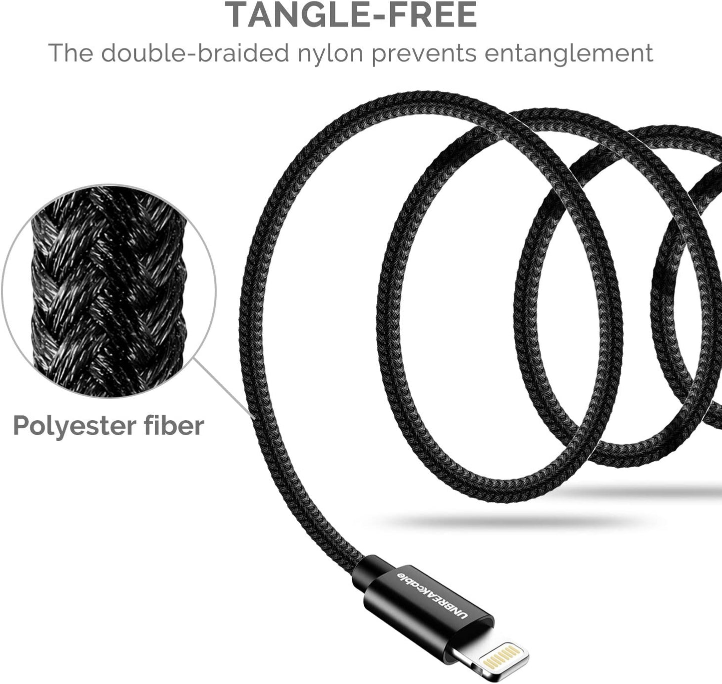 UNBREAKcable Apple iPhone Charger Cable - [Apple MFi Certified] - 6.6ft/2m Double-braided Nylon Lightning Cable Fast Charging Cable for iPhone