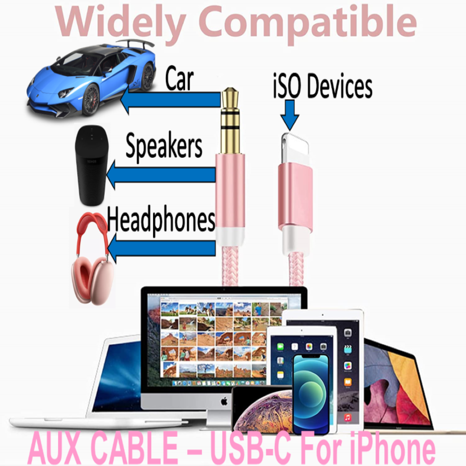 Car Aux Cable, Aux Cord Compatible with iPhone/iPad Nylon Braided