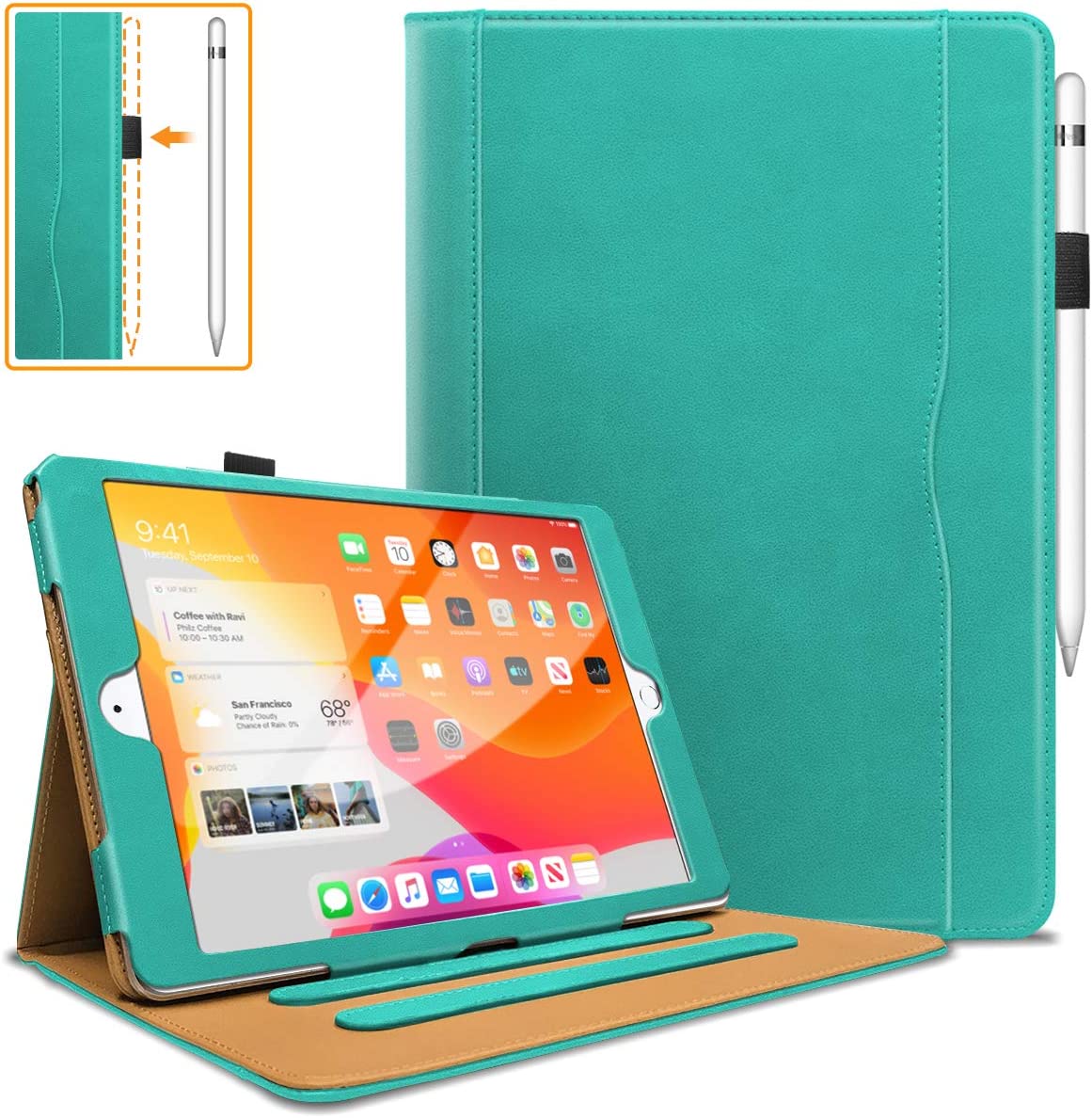 WeeYuu iPad 9th 8th 7th Gen Case, PU-Leather iPad 10.2 Cover Pen Holder Auto Sleep/Wake & Multi Angles for iPad 10.2 Inch 2021/20/19 (Tan)