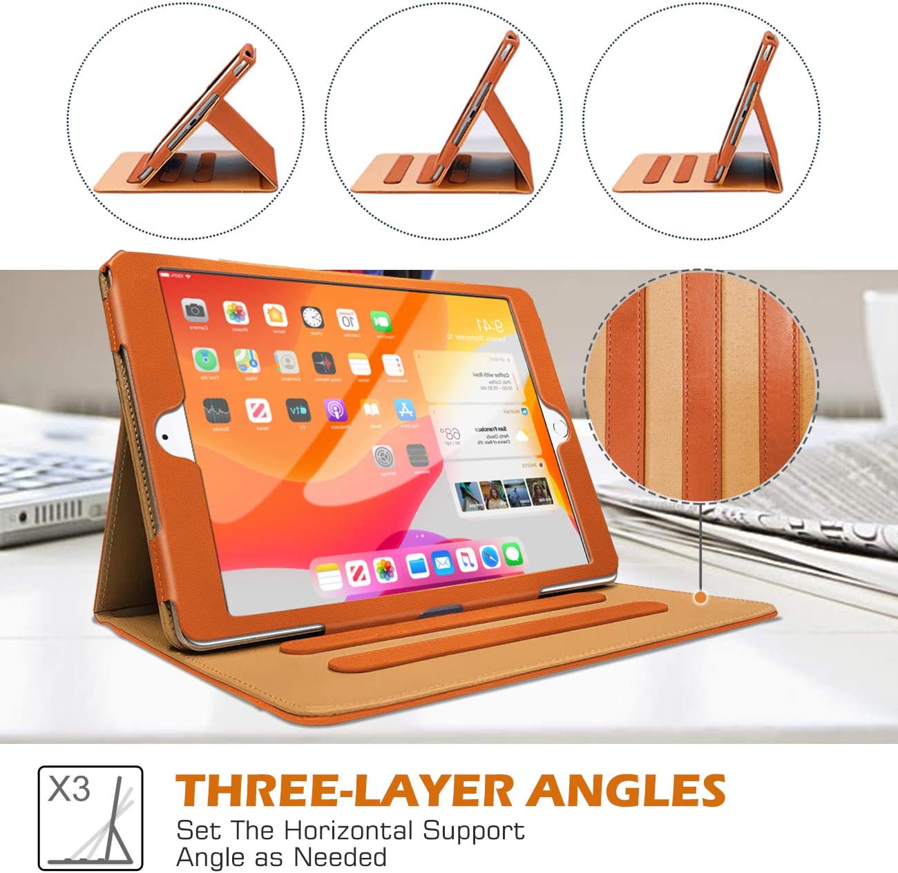 WeeYuu iPad 9th 8th 7th Gen Case, PU-Leather iPad 10.2 Cover Pen Holder Auto Sleep/Wake & Multi Angles for iPad 10.2 Inch 2021/20/19 (Tan)