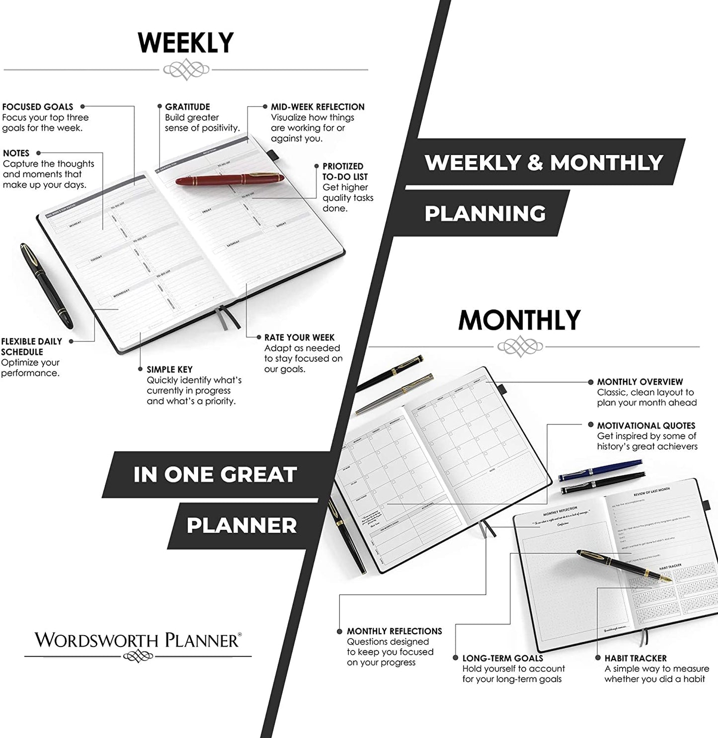 Wordsworth Undated Planner 2024-2025 - A5 Weekly, Monthly, Yearly Planning, Organizer Notebook; Increase Productivity