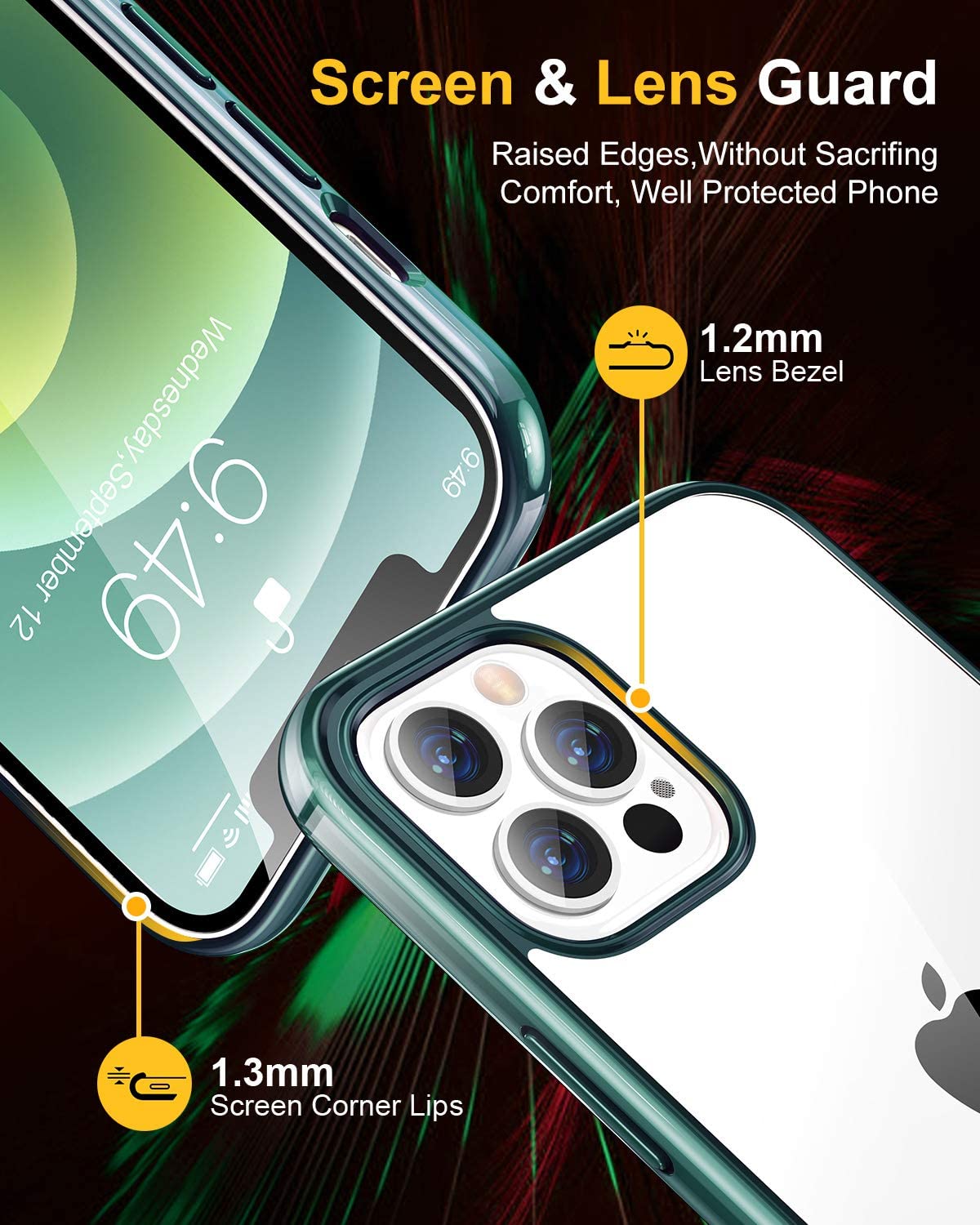 Humixx for iPhone 12 Pro Max Crystal Clear Case Green Edge, 5.0 Military Grade Shock Slim Fit Hard Back and Soft Silicone Edge Airbag Cover 6.7”