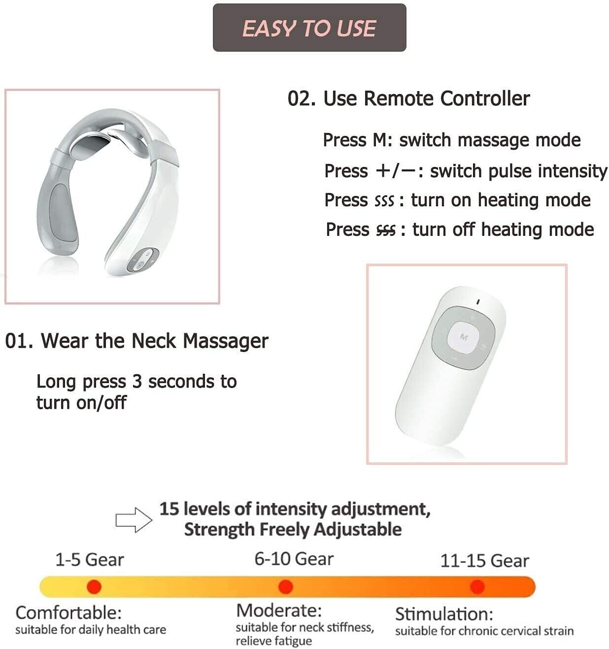 Neck Massager, Deep Tissue Cordless Massager with Heat, Electromagnetic Pulse Neck Massager, Neck and Shoulder Relief, 6 Modes 15 Levels Multifunction