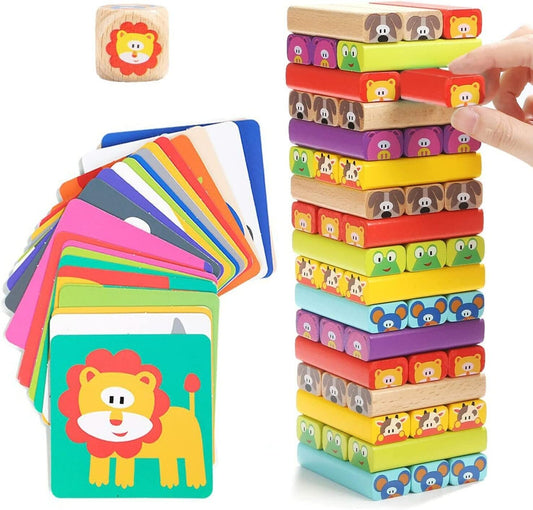 Nene Toys - Wooden Tumble Tower Game for Kids 4 in 1 with Animals and Colours - Family Board Game for Girls Boys Aged 3-9 years old - Educational
