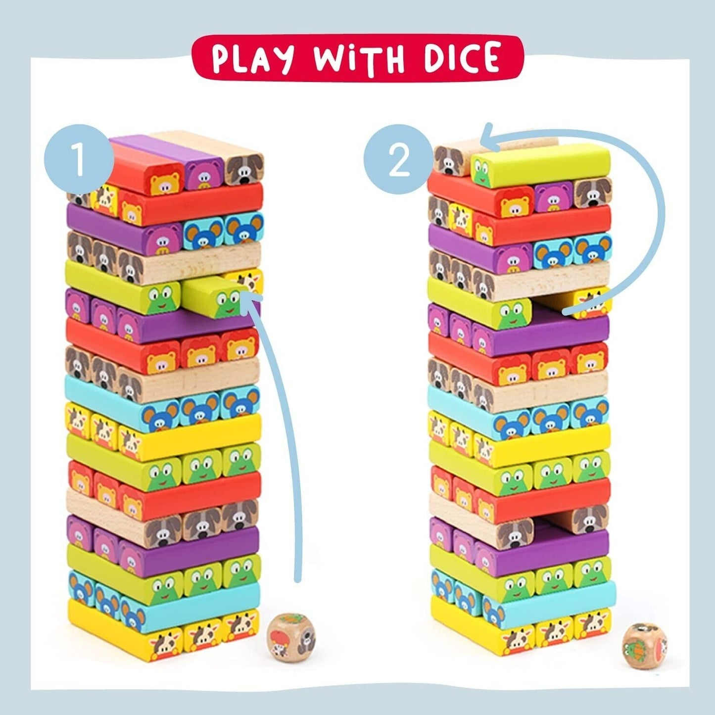 Nene Toys - Wooden Tumble Tower Game for Kids 4 in 1 with Animals and Colours - Family Board Game for Girls Boys Aged 3-9 years old - Educational