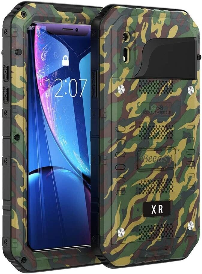 Beeasy Case for iPhone XR, Tough Waterproof Heavy Duty Metal Defender Cover Built-in Screen Military Grade Protective, Drop Proof Shockproof Rugged Hybrid Outdoor Sport Protection, Camouflage or Red