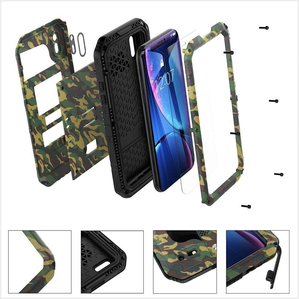 Beeasy Case for iPhone XR, Tough Waterproof Heavy Duty Metal Defender Cover Built-in Screen Military Grade Protective, Drop Proof Shockproof Rugged Hybrid Outdoor Sport Protection, Camouflage or Red