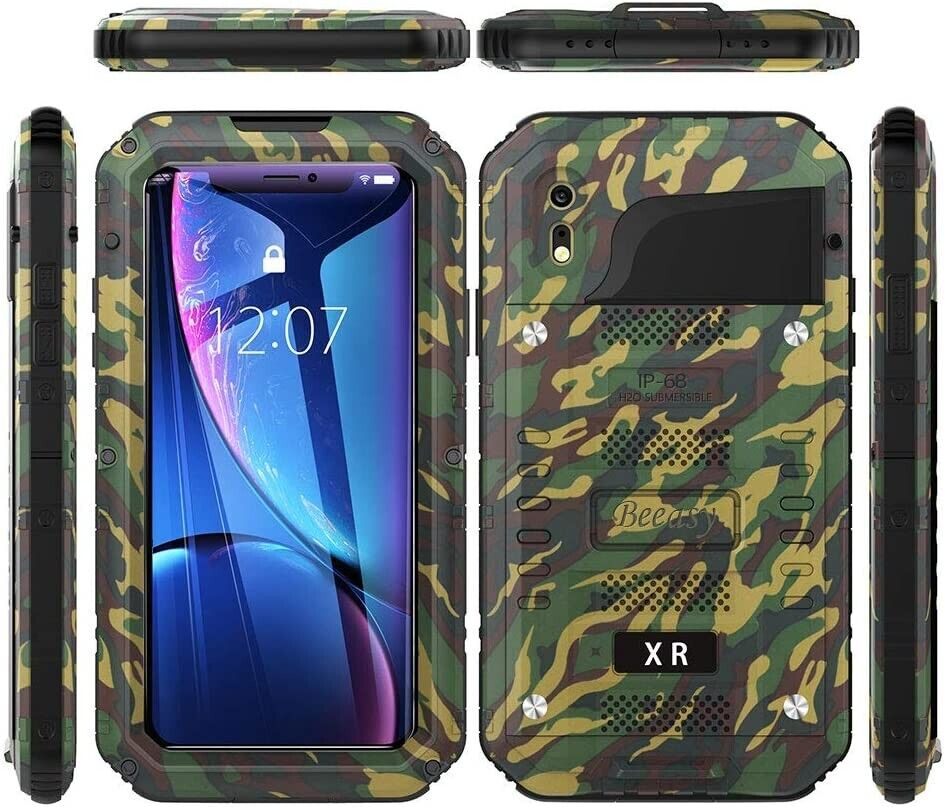 Beeasy Case for iPhone XR, Tough Waterproof Heavy Duty Metal Defender Cover Built-in Screen Military Grade Protective, Drop Proof Shockproof Rugged Hybrid Outdoor Sport Protection, Camouflage or Red