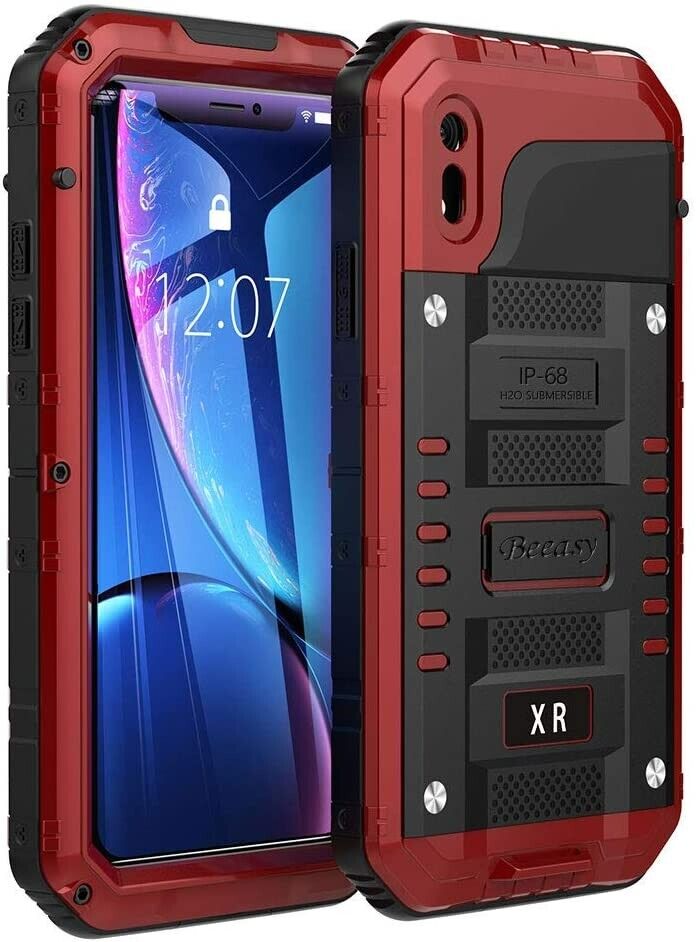 Beeasy Case for iPhone XR, Tough Waterproof Heavy Duty Metal Defender Cover Built-in Screen Military Grade Protective, Drop Proof Shockproof Rugged Hybrid Outdoor Sport Protection, Camouflage or Red