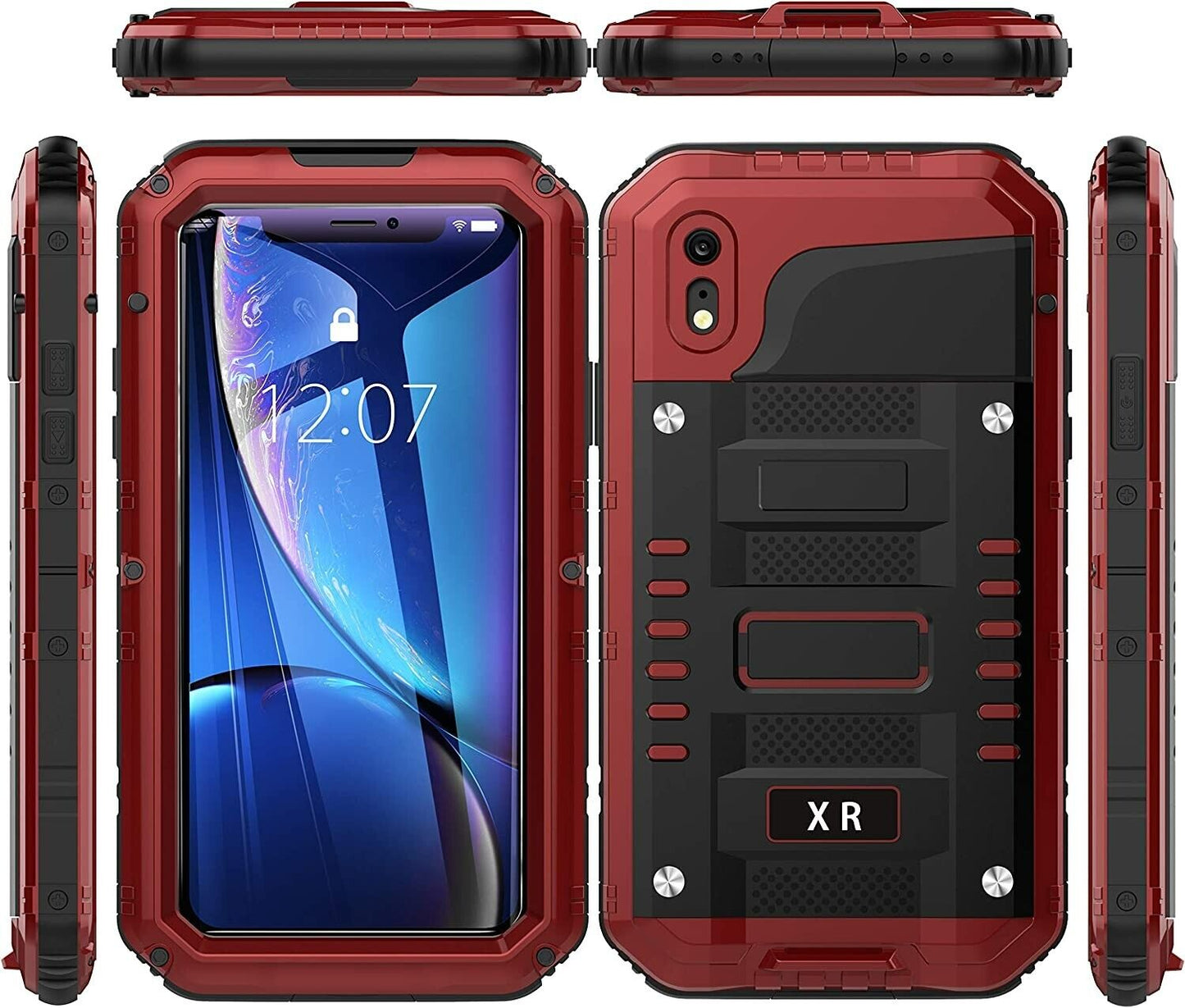 Beeasy Case for iPhone XR, Tough Waterproof Heavy Duty Metal Defender Cover Built-in Screen Military Grade Protective, Drop Proof Shockproof Rugged Hybrid Outdoor Sport Protection, Camouflage or Red