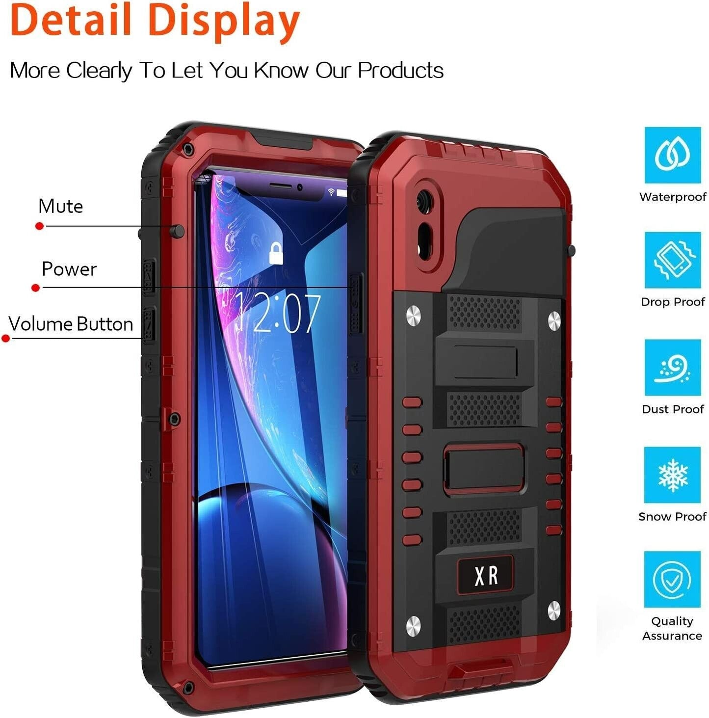 Beeasy Case for iPhone XR, Tough Waterproof Heavy Duty Metal Defender Cover Built-in Screen Military Grade Protective, Drop Proof Shockproof Rugged Hybrid Outdoor Sport Protection, Camouflage or Red