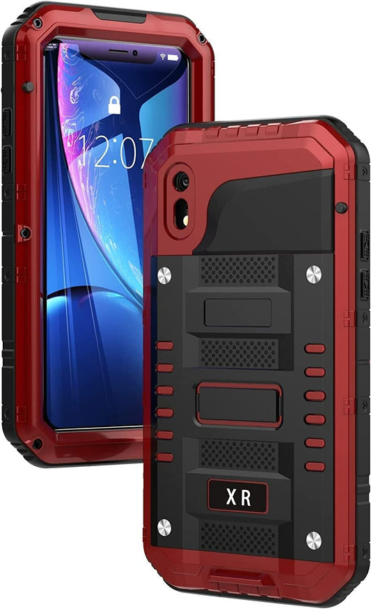 Beeasy Case for iPhone XR, Tough Waterproof Heavy Duty Metal Defender Cover Built-in Screen Military Grade Protective, Drop Proof Shockproof Rugged Hybrid Outdoor Sport Protection, Camouflage or Red