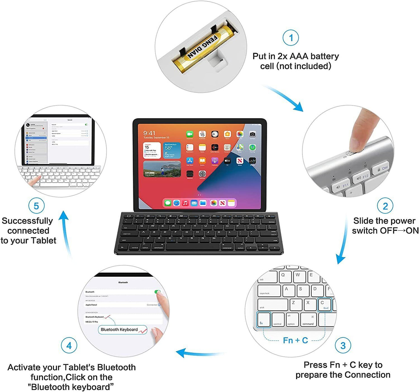 OMOTON Bluetooth Keyboard with Built-in Stand for New iPad 9 2021/iPad 8 2020-10.2, iPad Air 4-10.9, iPad Pro 11, iPad Air 3, iPad Pro 10.5, iPad Mini 6, iPhone 13, Silver - Black - Rose Gold