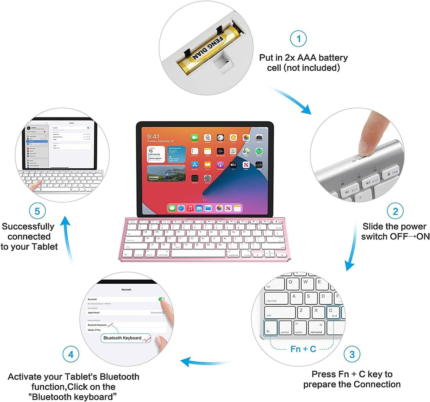 OMOTON Bluetooth Keyboard with Built-in Stand for New iPad 9 2021/iPad 8 2020-10.2, iPad Air 4-10.9, iPad Pro 11, iPad Air 3, iPad Pro 10.5, iPad Mini 6, iPhone 13, Silver - Black - Rose Gold