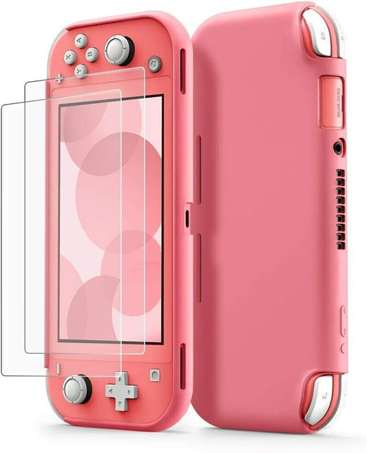 tomtoc Protective Case for Nintendo Switch Lite with [2PCS] Screen Protector, Premium Liquid Silicone Back Cover, Shockproof and Anti-Scratch Hard Shell for Switch Lite Console 2019, Coral Pink