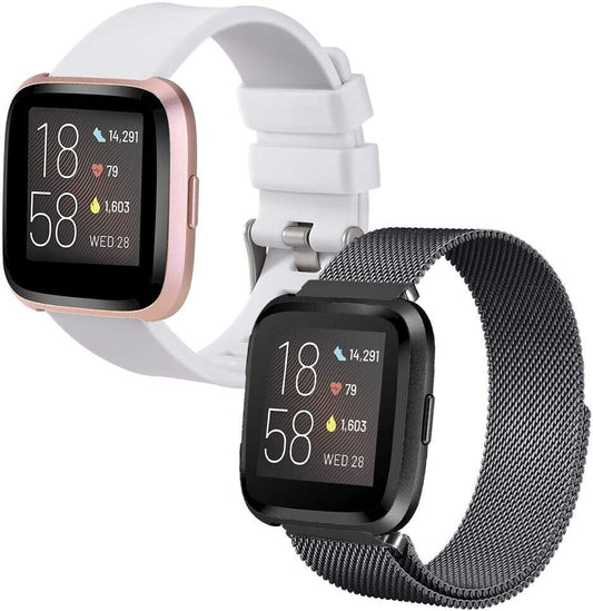 SINPY Replacement Wristband for Fitbit Versa Strap, 2-Pack Mixed Metal Magnetic/Silicone Watch Bands Compatible with Fitbit Versa 2/Fitbit Versa Lite,