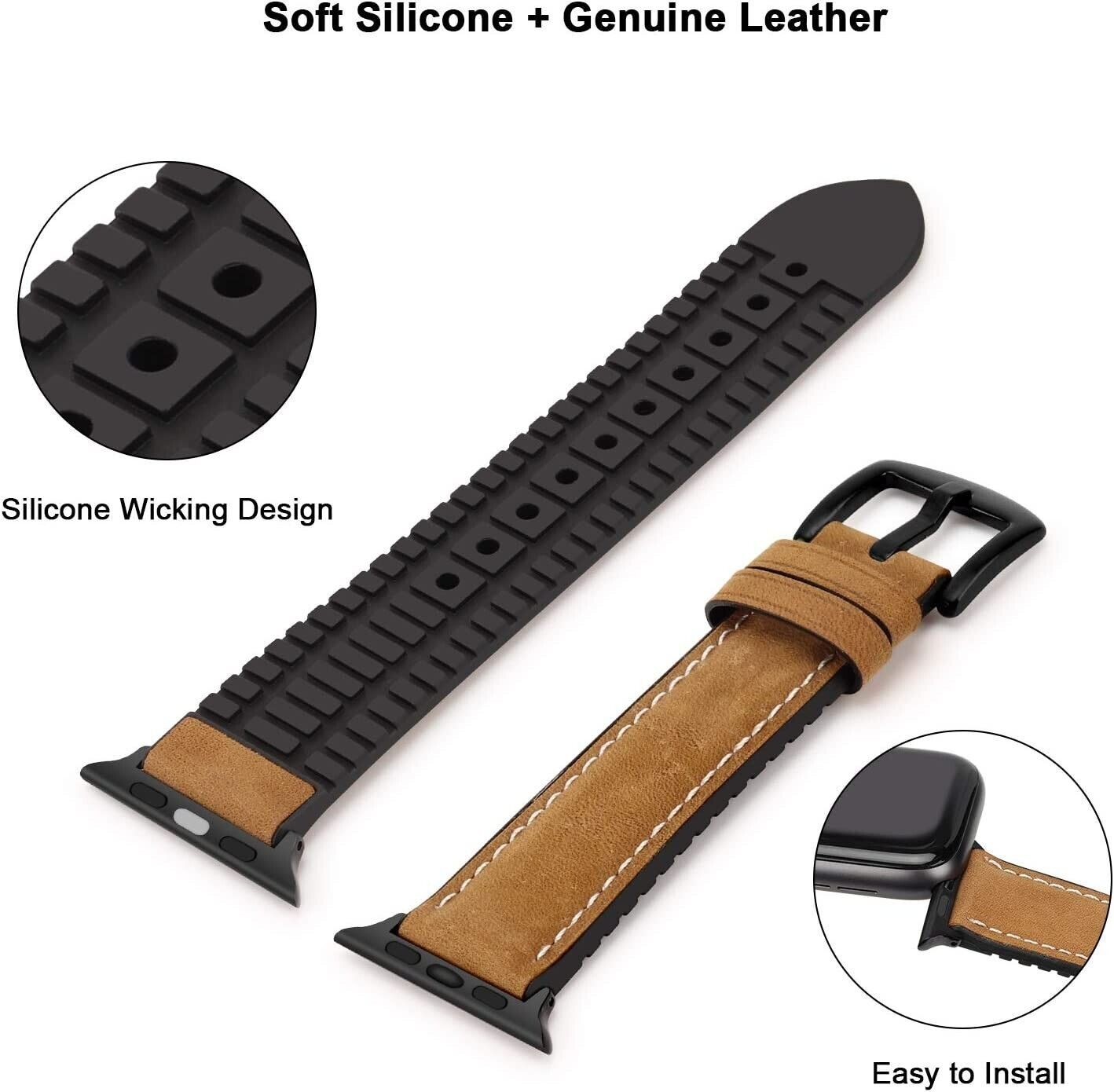Bisikor Compatible with Apple Watch Strap 38mm 40mm, Genuine Leather and Soft Silicone Hybrid Sports Replacement Straps Compatible with Apple Watch - Brown
