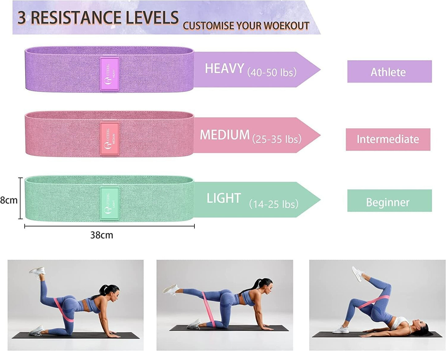 Resistance Bands Fabric Set, Light/Medium/Heavy 3 Premium Resistance Levels for Men & Women, Workout Bands for Home, Gym, Yoga, Training Oterri Brand.