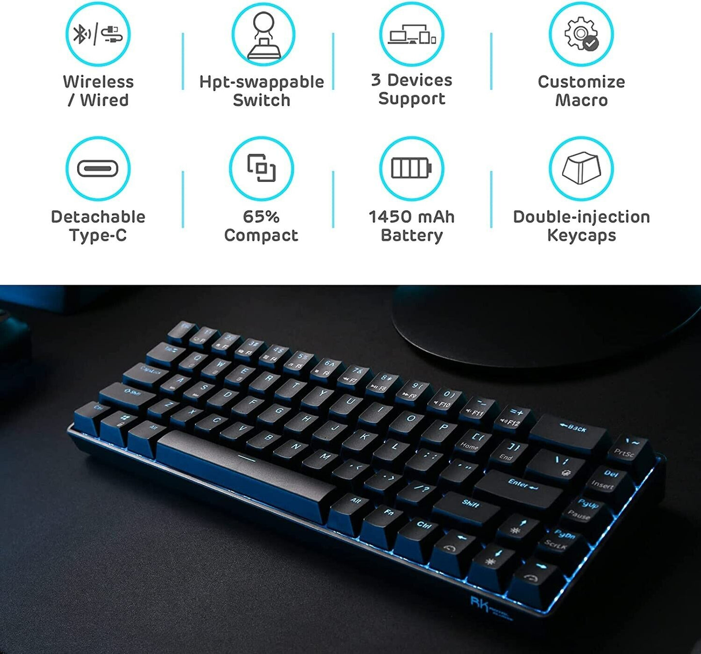 RK ROYAL KLUDGE RK68 Hot-Swappable 65% Wireless Mechanical Keyboard, 60% 68 Keys Gaming with Stand-Alone Arrow/Control Keys