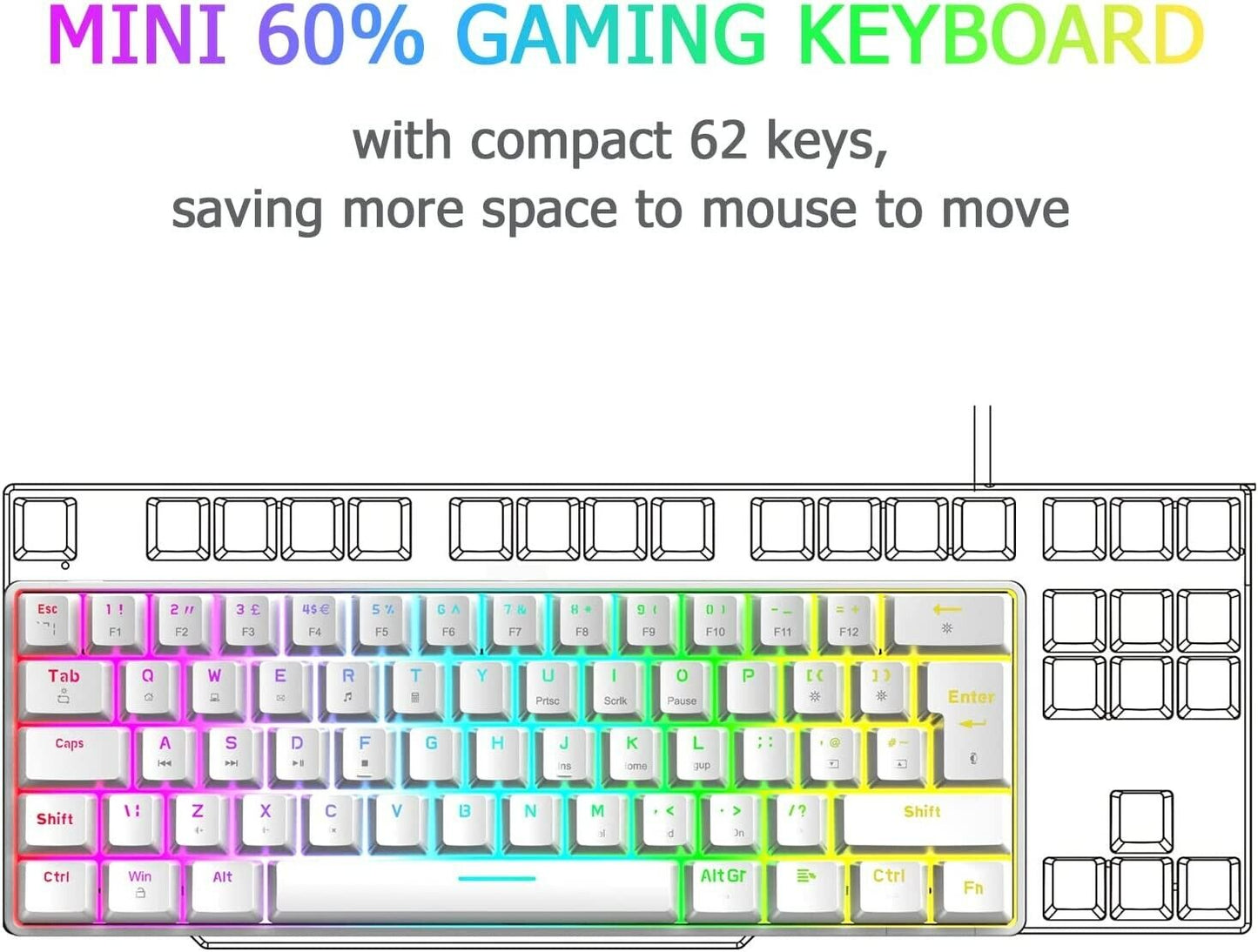 FELiCON-ZIYOU LANG T60 Mini 60% Percent Gaming Mechanical Keyboard, Compact 62 Keys UK Layout,18 RGB Illuminated LED Chroma Backlit