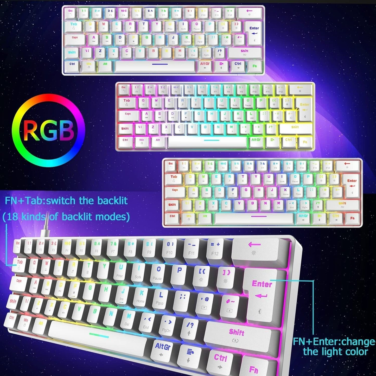 FELiCON-ZIYOU LANG T60 Mini 60% Percent Gaming Mechanical Keyboard, Compact 62 Keys UK Layout,18 RGB Illuminated LED Chroma Backlit