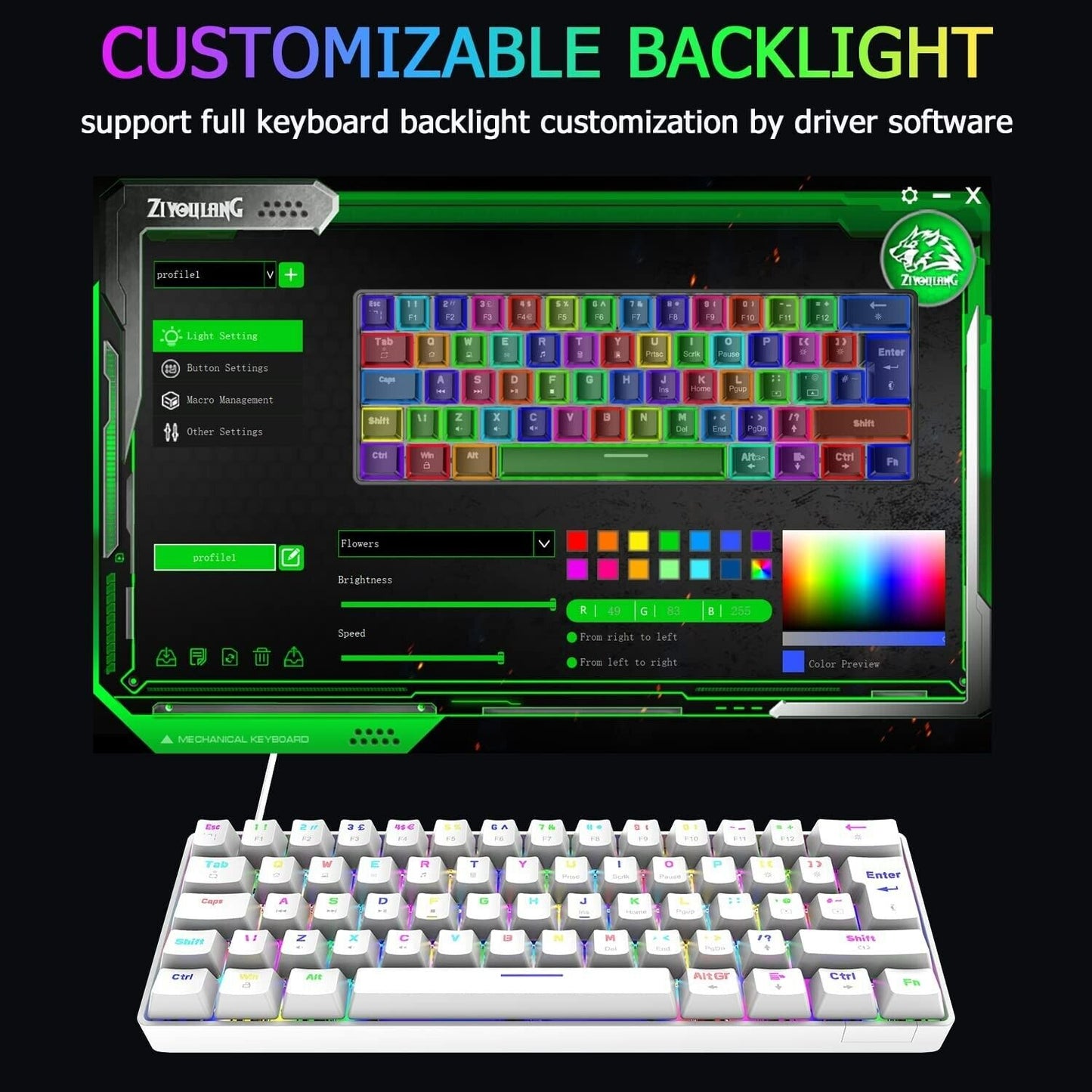 FELiCON-ZIYOU LANG T60 Mini 60% Percent Gaming Mechanical Keyboard, Compact 62 Keys UK Layout,18 RGB Illuminated LED Chroma Backlit