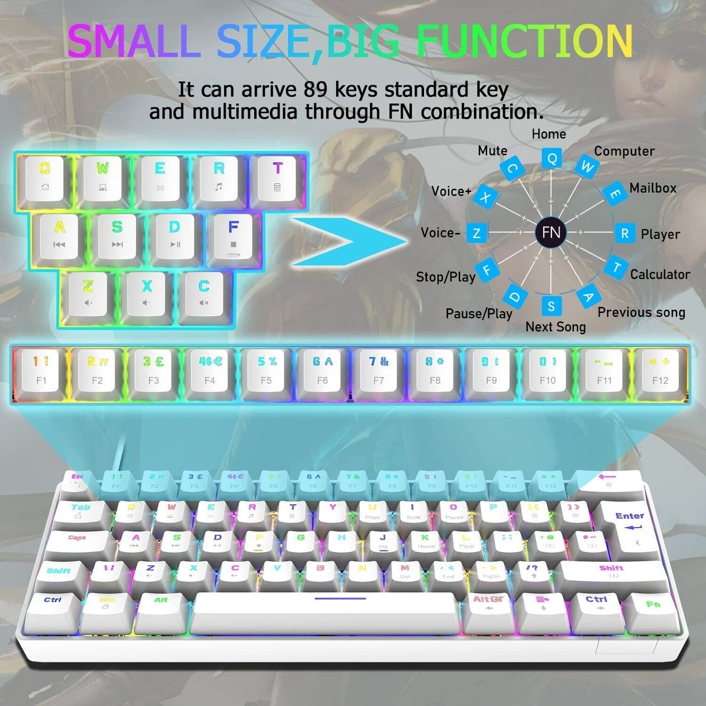 FELiCON-ZIYOU LANG T60 Mini 60% Percent Gaming Mechanical Keyboard, Compact 62 Keys UK Layout,18 RGB Illuminated LED Chroma Backlit