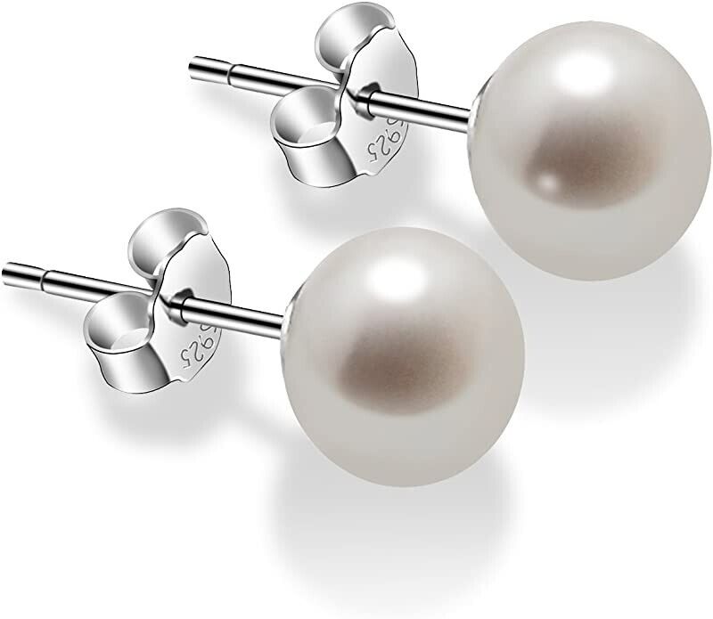 Amberta Sterling Silver White Freshwater Real Pearl Earrings for Women Earrings with Genuine Cultured Pearls Size 9-10mm Freshwater Cultured Pearl 925 Sterling Silver Stud Earrings 2 Sets 4 Pieces