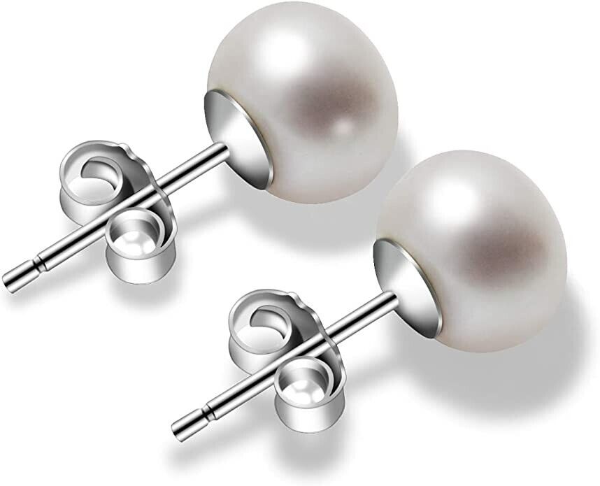 Amberta Sterling Silver White Freshwater Real Pearl Earrings for Women Earrings with Genuine Cultured Pearls Size 9-10mm Freshwater Cultured Pearl 925 Sterling Silver Stud Earrings 2 Sets 4 Pieces