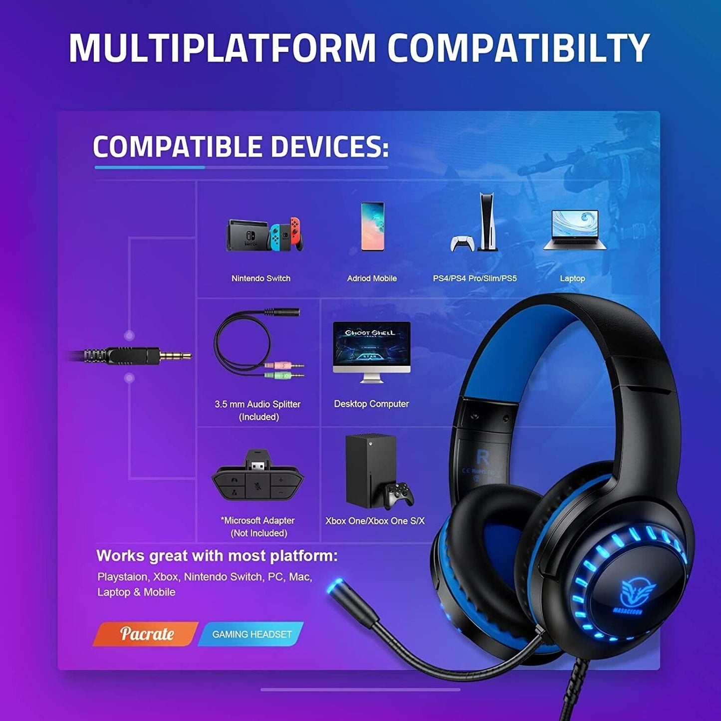 Pacrate Gaming Headset for PS5 PS4 Nintendo Switch Mac PC Xbox Headset PS4 Headset with Microphone, 3.5mm Jack Wired Headset with Noise Cancelling Microphone