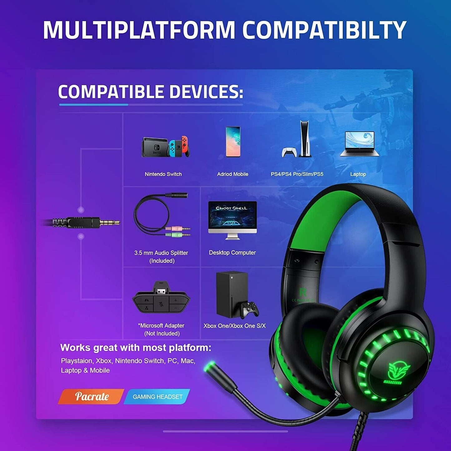 Pacrate Gaming Headset for PS5 PS4 Nintendo Switch Mac PC Xbox Headset PS4 Headset with Microphone, 3.5mm Jack Wired Headset with Noise Cancelling Microphone