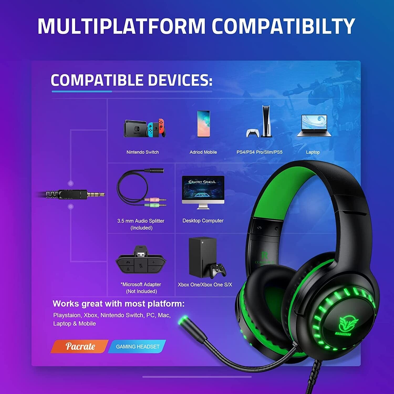  Pacrate Gaming Headset for PS5/PS4/Xbox One/Nintendo