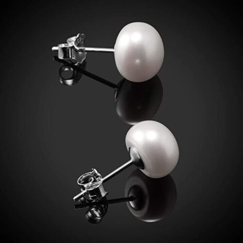 Amberta Sterling Silver White Freshwater Real Pearl Earrings for Women Earrings with Genuine Cultured Pearls Size 9-10mm Freshwater Cultured Pearl 925 Sterling Silver Stud Earrings 2 Sets 4 Pieces