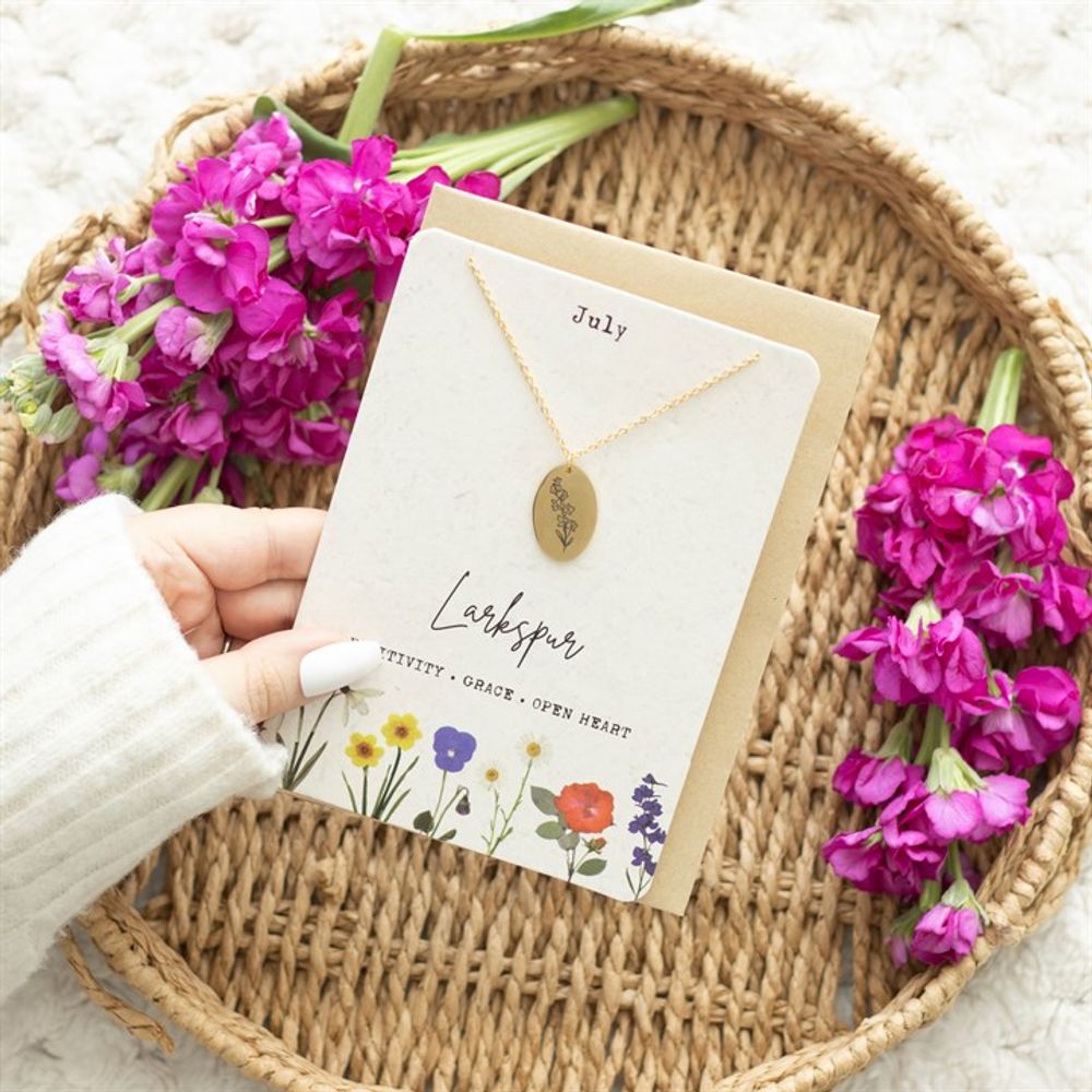 July Larkspur Birth Flower Necklace Card