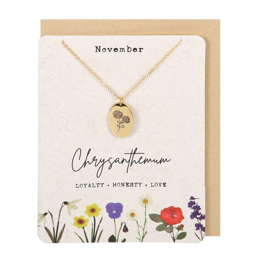 November Chrysanthemum Birth Flower Necklace Card